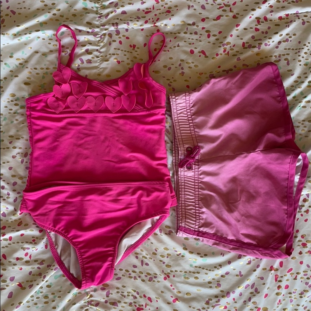 Girls Carter’s pink tankini, Gymboree swim shorts